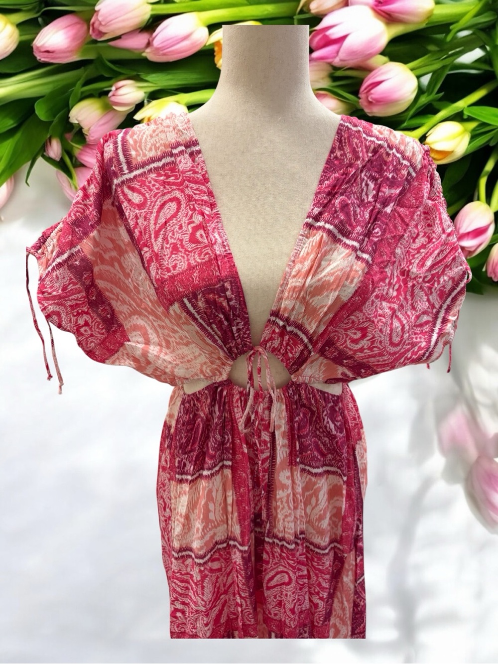 NEW~ Zara Pink Patchwork V-Neck Maxi Dress  size Medium - Picture 7 of 16